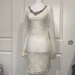 Off White Lace Dress with Sheer Sleeves and Beaded Detail